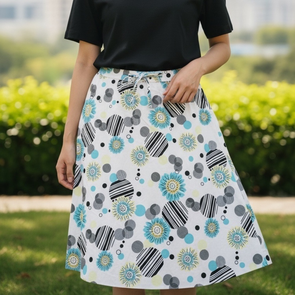 Talbots Women's Size 10 Petite A-Line‎ Skirt White Black Dots Blue Green Floral